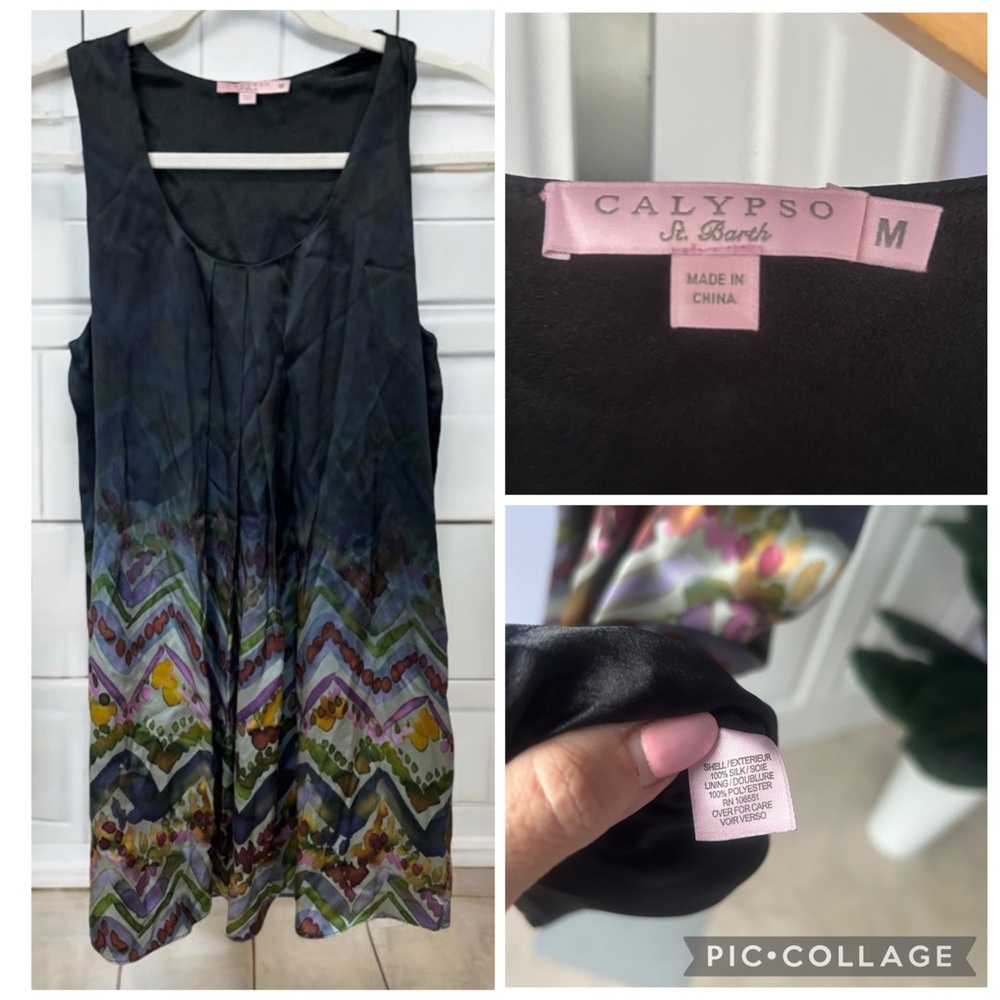 Calypso St. Barth 100% Silk Black Sleeveless Watercolor Dress Med MSRP $275